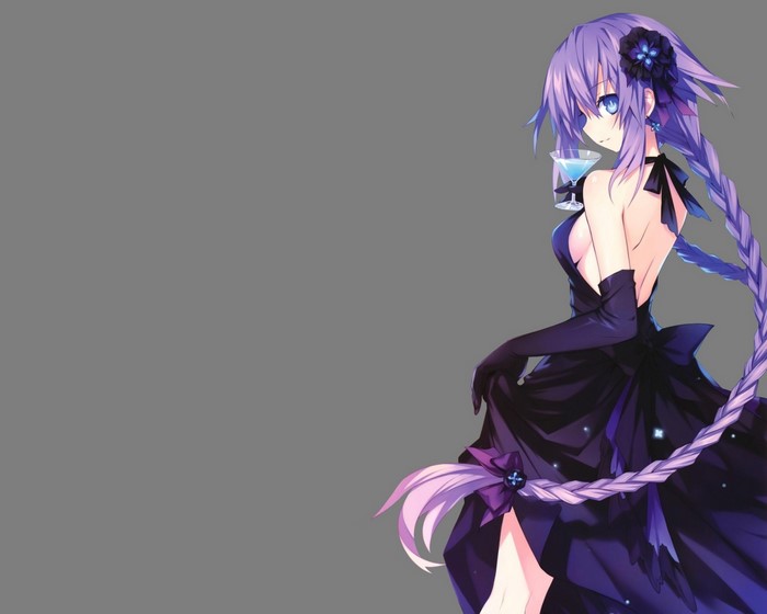 Purple Heart from Hyperdimension Neptunia holding a drink