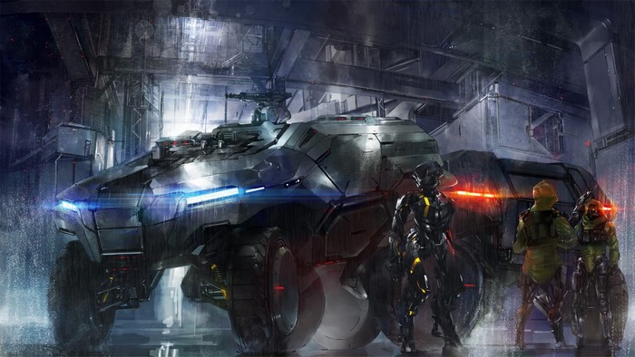 Sci-fi military vehicle with soldiers in a hangar
