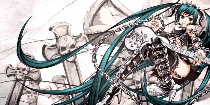 Hatsune Miku with guitar and skull crosses