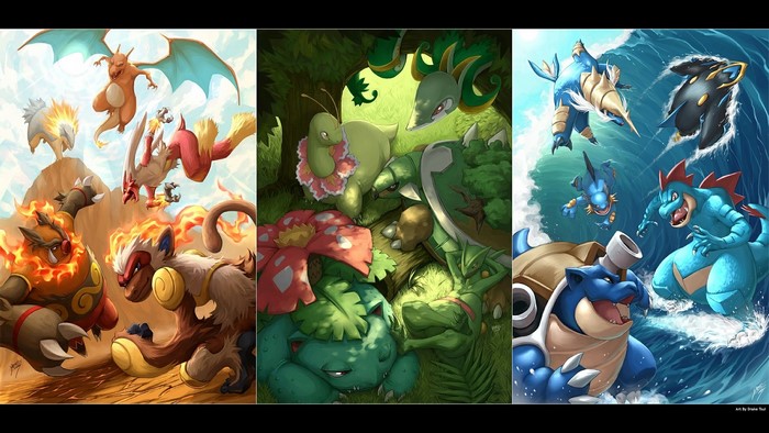 Pokemon Fire, Grass, and Water Type Battles Illustration