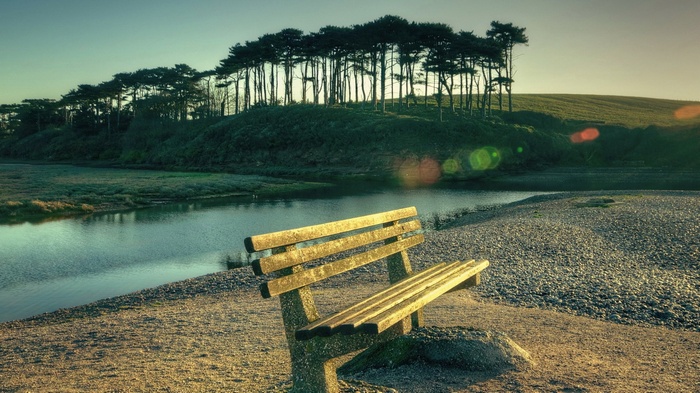 Wooden bench by a river with trees on a hill