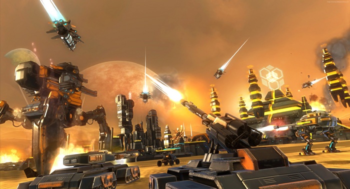 Sci-fi battle scene with tanks and aircraft