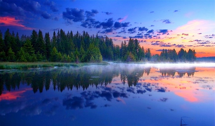Misty lake at sunrise with forest reflection