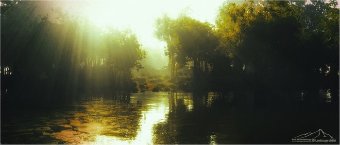 Sunlight filtering through trees over a river