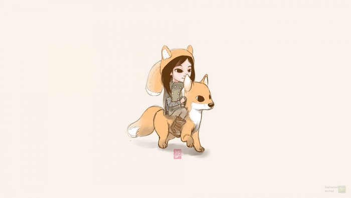 Chibi girl with fox ears riding a fox