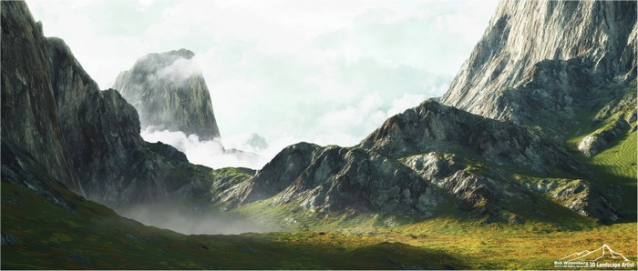 Misty mountain valley with CGI landscape