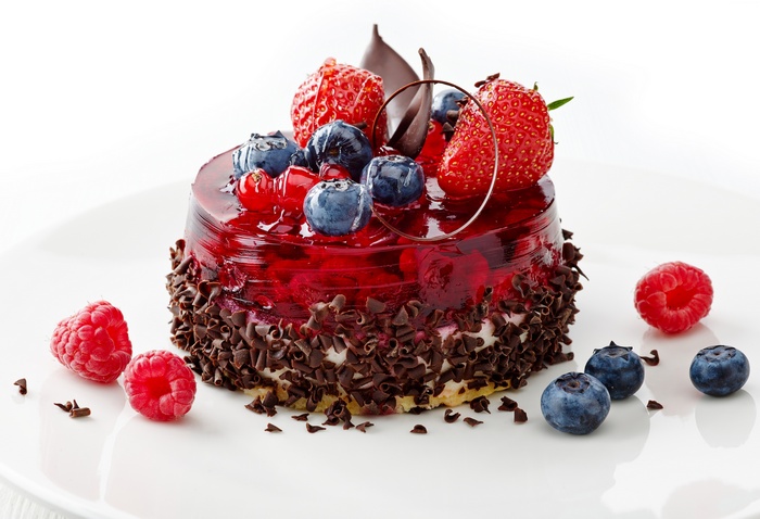 Berry and chocolate cake with fresh fruit