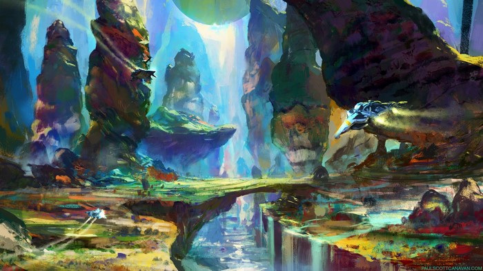 No Man's Sky concept art of alien landscape with spacecraft