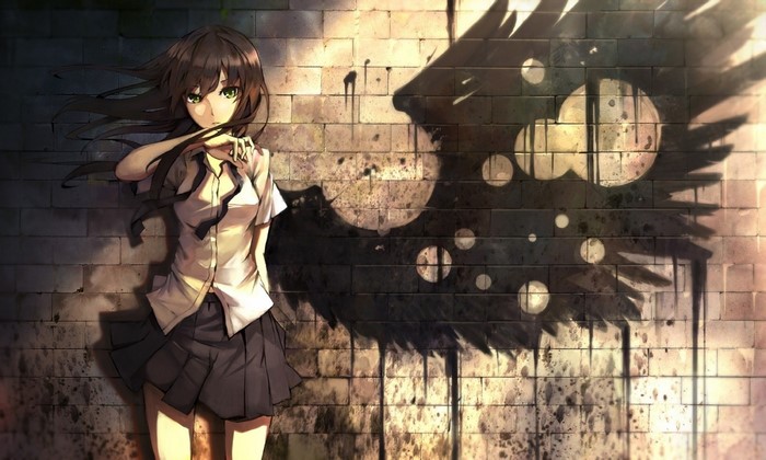 Anime girl with wings shadow on brick wall