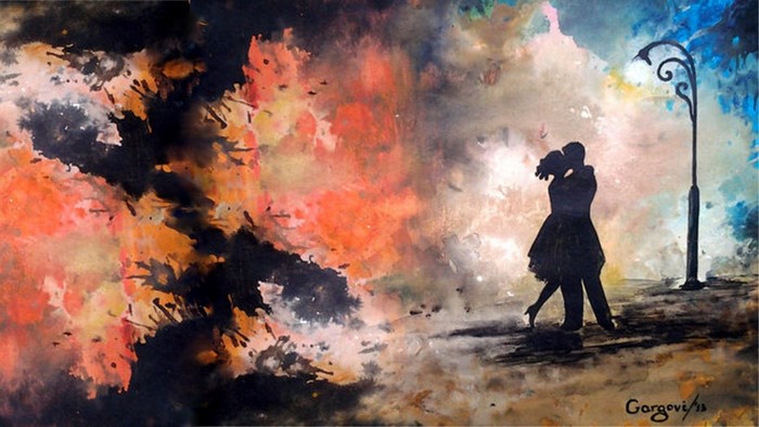 Painting of a couple kissing under a streetlamp