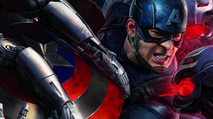Captain America from Avengers: Age of Ultron fighting Ultron bots