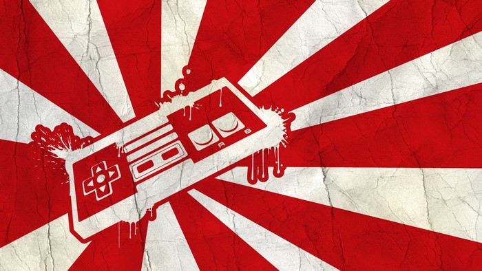 NES controller on Japanese rising sun background