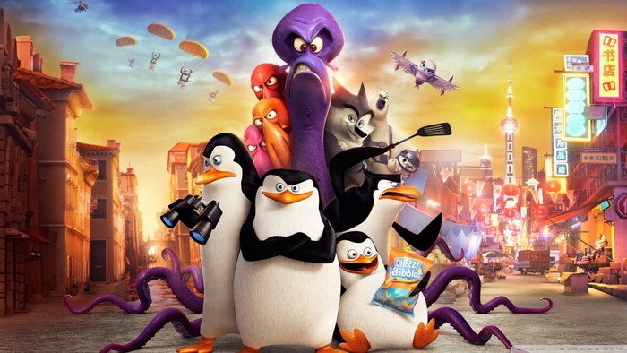 Penguins of Madagascar characters in a city