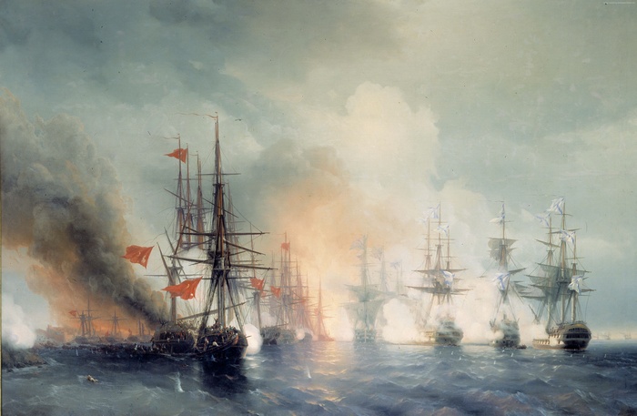 Naval battle with sailing ships and smoke