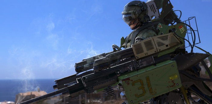 Soldier in a mech suit with heavy weaponry
