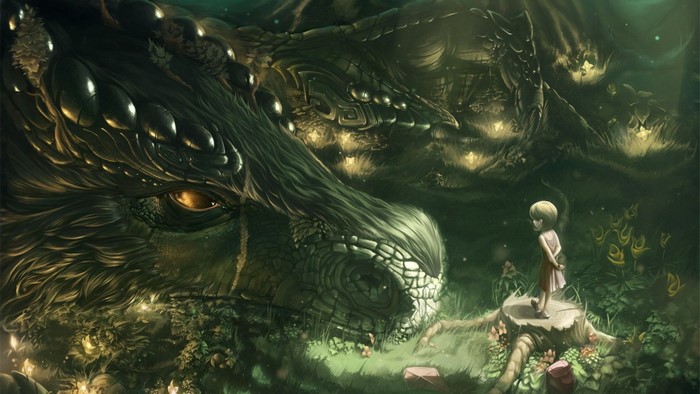 A girl stands before a large dragon in a mystical forest
