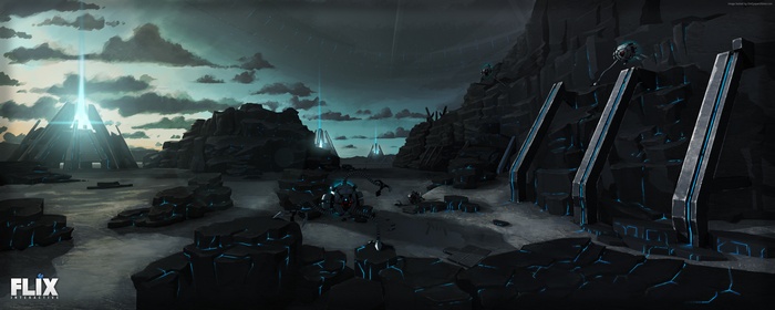 Sci-fi landscape with alien structures and robots