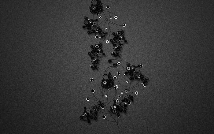 Abstract monochrome digital art with circles and branches