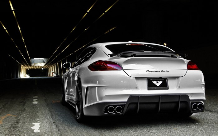 White Porsche Panamera Turbo in a tunnel