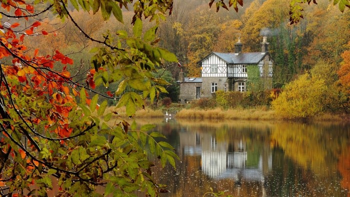 Autumn house by a lake with colorful leaves