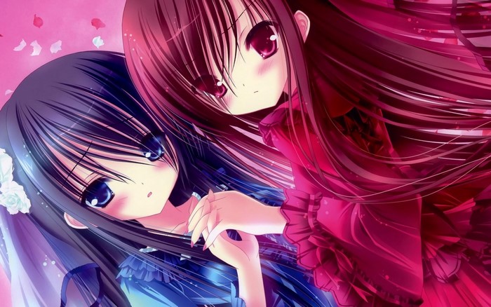 Two anime girls with long hair