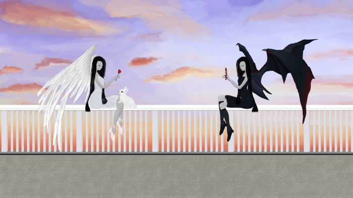 Angel and demon figures with a rose and knife
