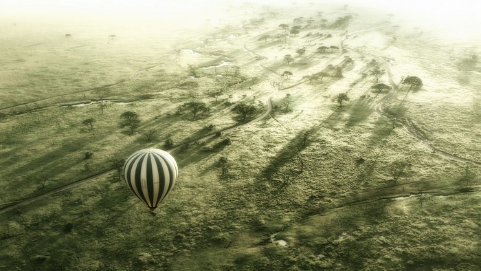 Hot air balloon over the Serengeti plains