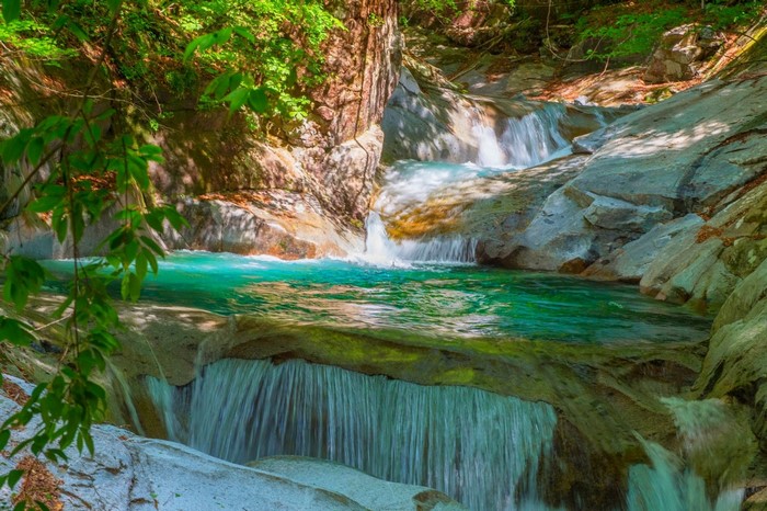 Turquoise waterfall cascading over rocks in a forest