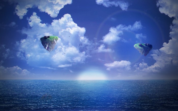 Floating islands over the ocean at sunrise