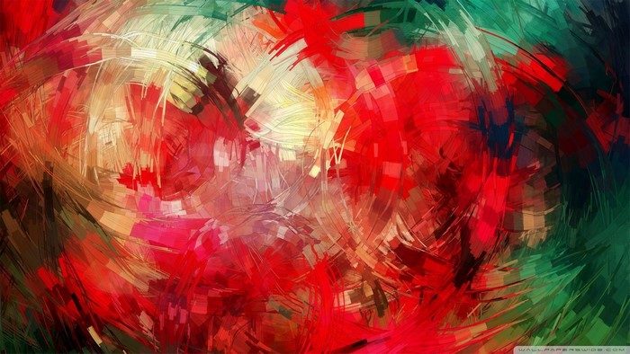 Abstract painting with red, green, and yellow brushstrokes