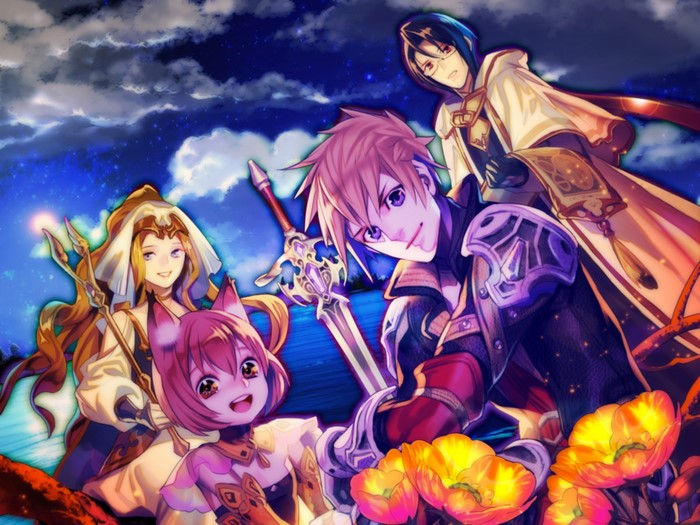 Four anime characters in a fantasy setting