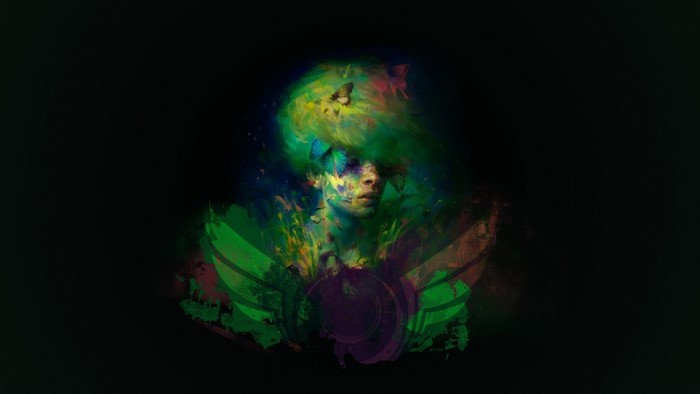 Digital art of a person with butterflies and green paint