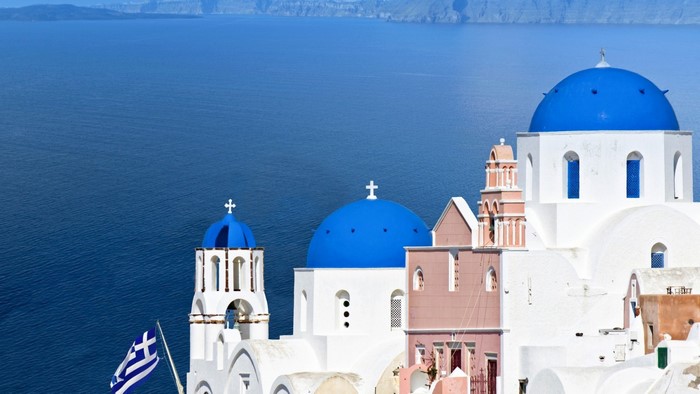 Churches with blue domes in Santorini, Greece