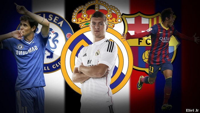 Neymar, Toni Kroos, and Chelsea FC player with club logos