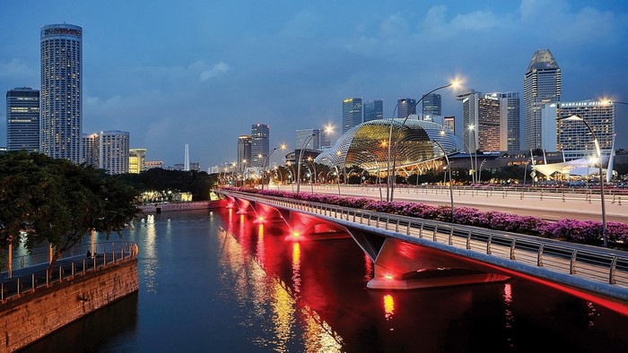 Singapore skyline with illuminated bridge over river at dusk