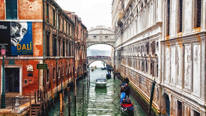 Venice Canal with Gondolas and Bridge of Sighs