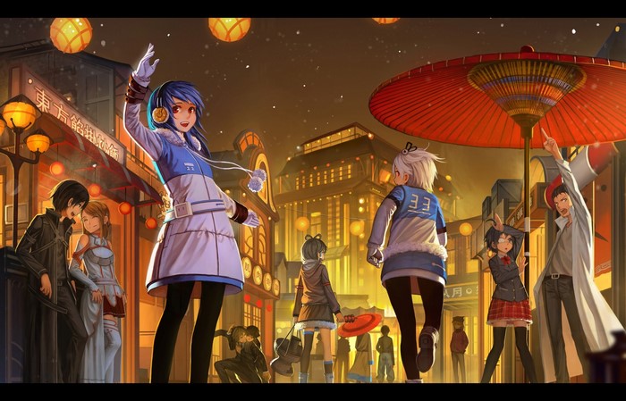 Anime characters in a Japanese street at night