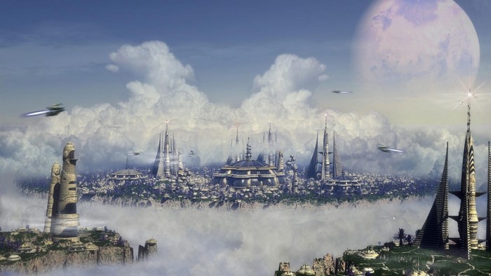Futuristic floating city with skyscrapers and flying vehicles