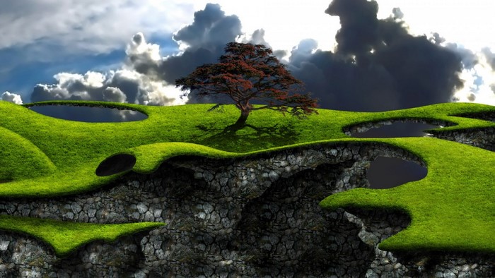 Floating islands with a tree and stormy clouds