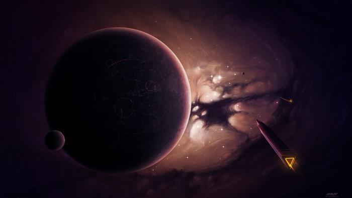 Futuristic Spaceship Approaching a Dark Planet in Space