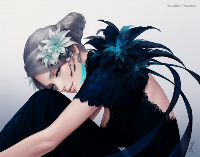 Woman with flowers and feathers in hair