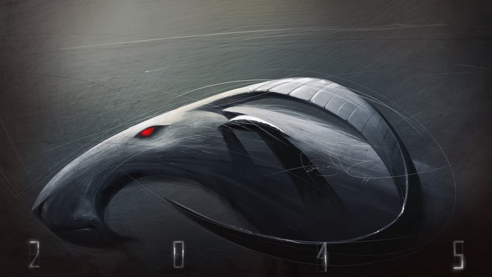 Stylized creature with red eyes and numbers 2045