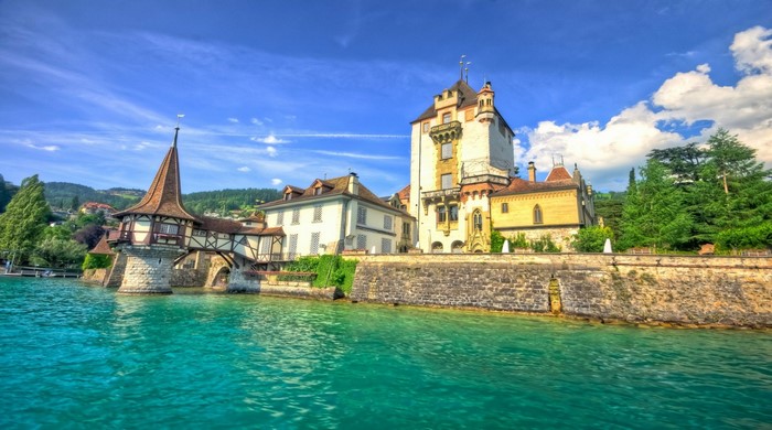 Scenic Water Castle on Lake in Switzerland
