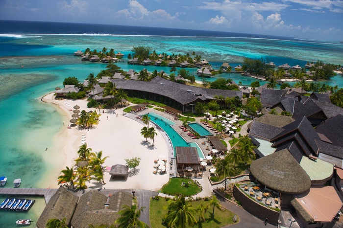InterContinental Moorea Resort aerial view with overwater bungalows