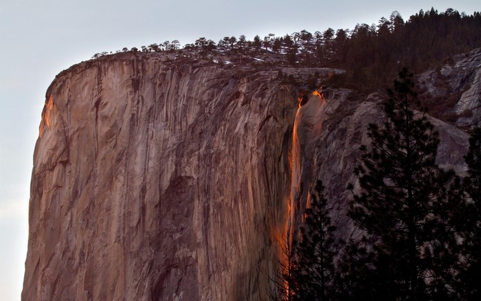 Horsetail Fall illuminated by sunset in Yosemite National Park