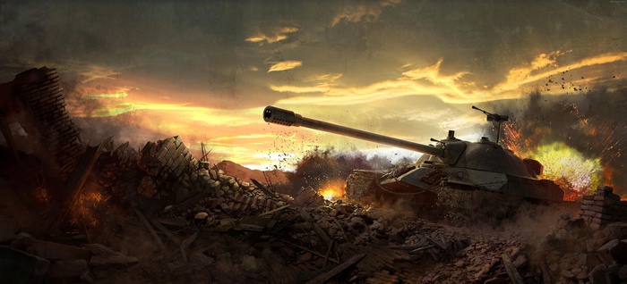 IS-7 tank in World of Tanks battlefield at sunset