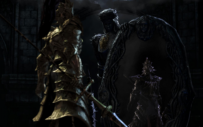 Ornstein from Dark Souls II with statues