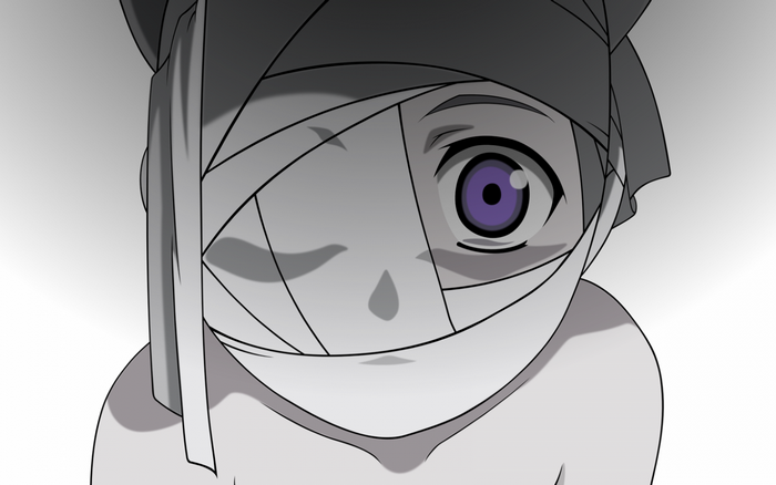 Close-up of a bandaged anime character's face