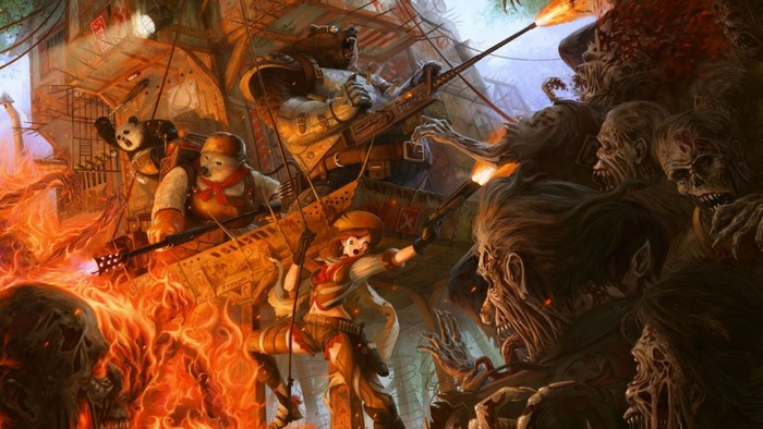 Anthropomorphic characters fighting zombies in a burning city
