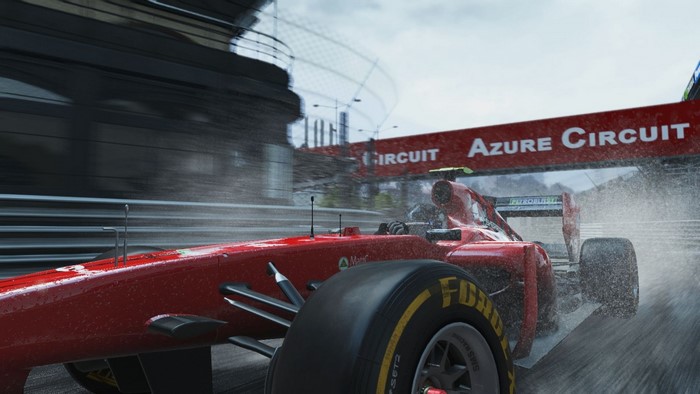 Red Formula 1 car racing on Azure Circuit in the rain